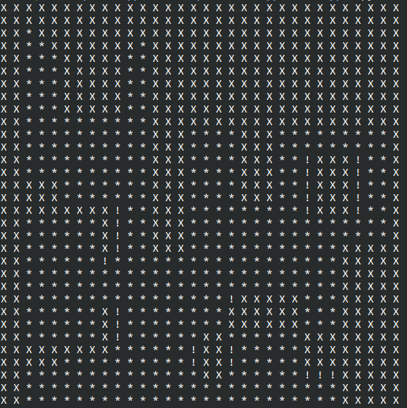 Inner vacuum map with obstacle cells (X), edge cells (!) and free cells (*)
